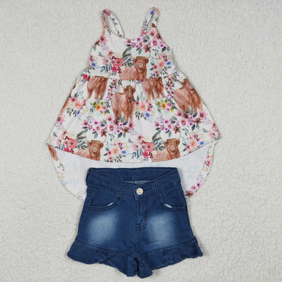 cow top +  Denim shorts outfits