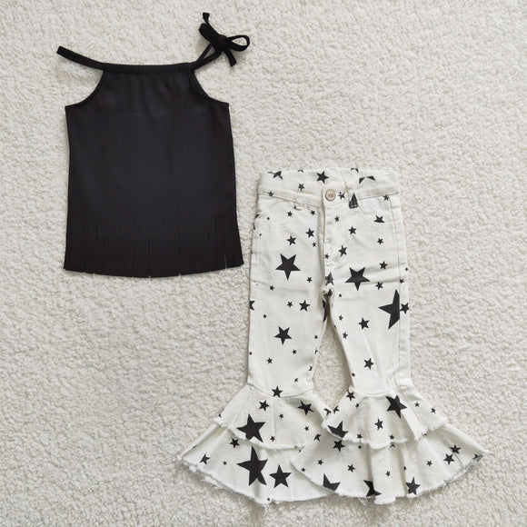 suede fabric black top + star jeans outfits