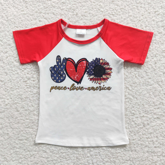 4th of July peace love america red girls top