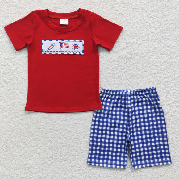 summer 4th of July embroidered red and blue plaid boy clothing