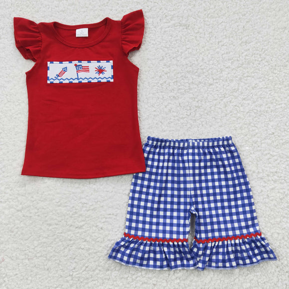 summer 4th of July embroidered red and blue plaid girls clothing