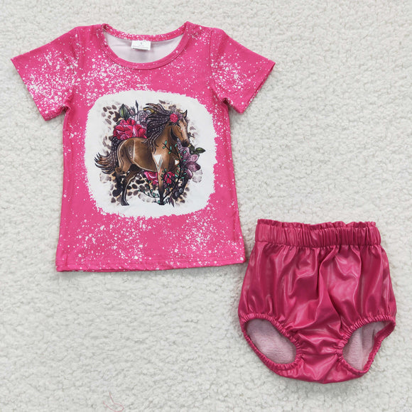 horse pink short sleeve top +pink  Leather bummies outfits