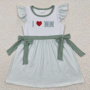 summer embroidered i love mom green girls dress