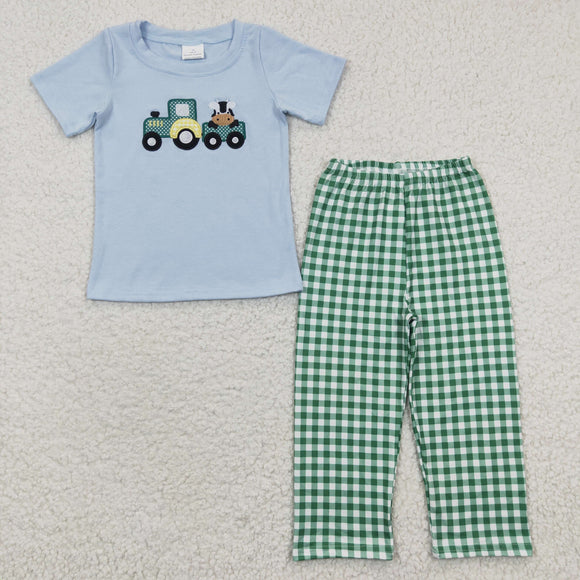 embroidery cow blue top and green plaid pants girls outfits