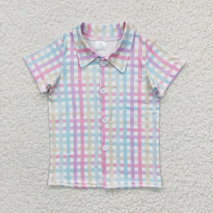 short sleeve pink and green plaid boys top