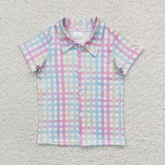 short sleeve pink and green plaid boys top