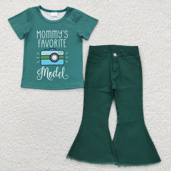 MOMMY'S FAVORITE model top + green jeans outfits