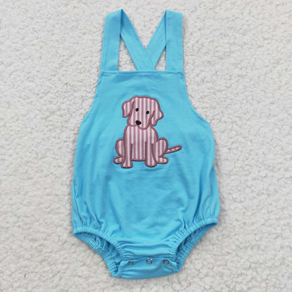 short sleeve blue embroidered dog baby romper