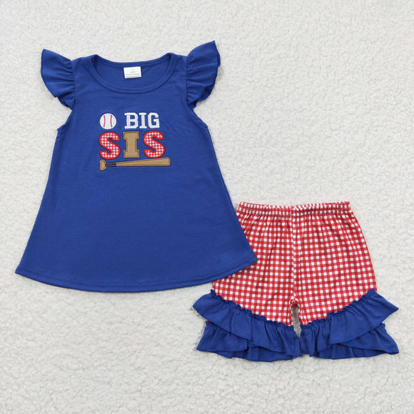 summer embroidered big sis baseball blue girls outfits
