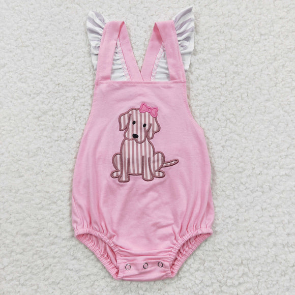 short sleeve embroidered pink dog baby romper