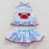 crab blue Seersucker girl swimsuit