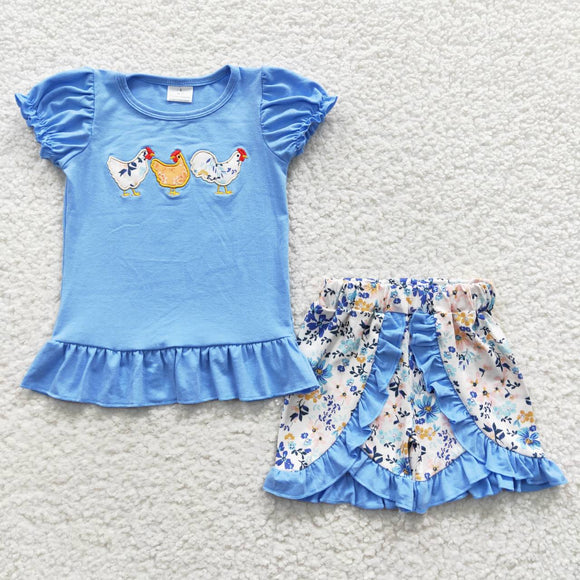 summer embroidered chicken blue girls outfits