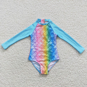 blue Fish scale long sleeve girls swimsuit