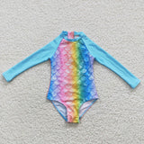 blue Fish scale long sleeve girls swimsuit