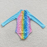 blue Fish scale long sleeve girls swimsuit