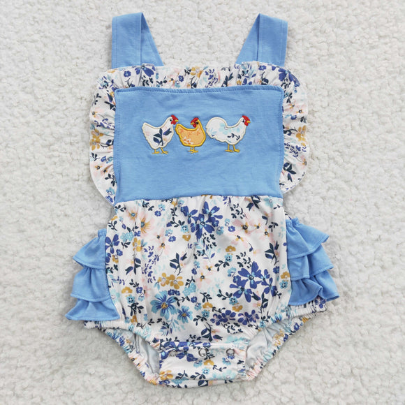 embroidered chicken blue ruffle girls bubble