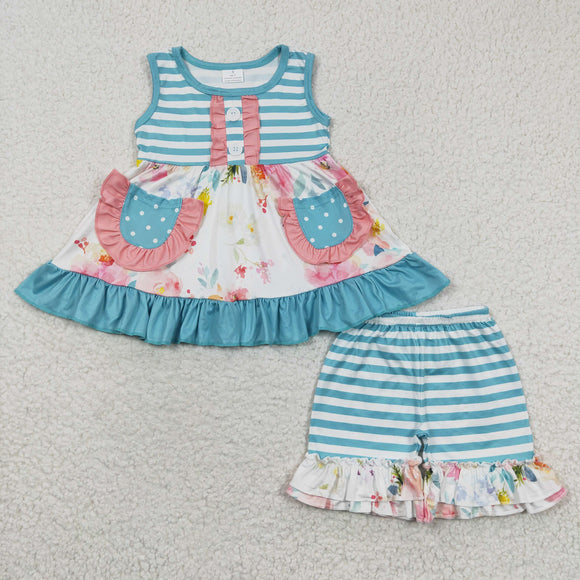 summer blue stripe floral girls outfits