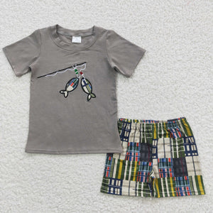 fishing grey embroidery boy's  print Summer outfits