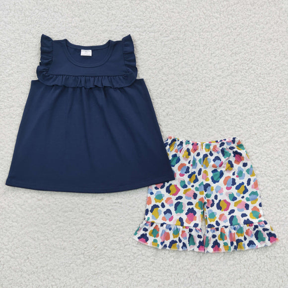 Best-selling style summer navy blue leopard girls outfit