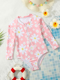 Long sleeves pink floral girls one pc summer swimsuit