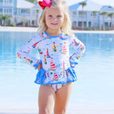 Blue sailboat long sleeves one pc baby girls swimsuit