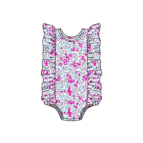 Hot pink floral ruffle one piece girls swimsuit