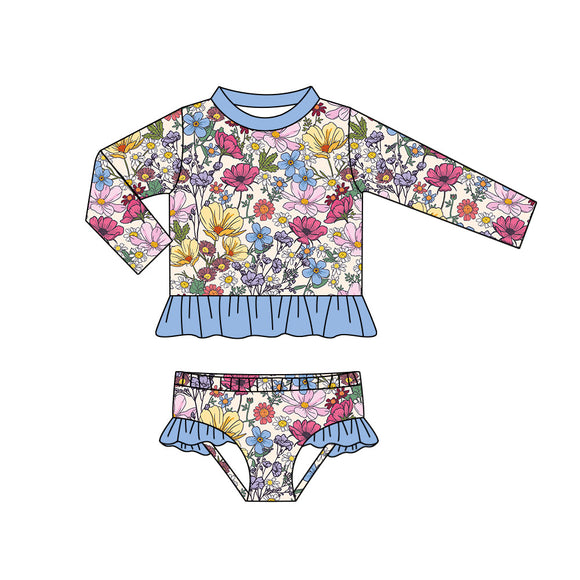 Long sleeves floral two pieces girls summer swimsuit