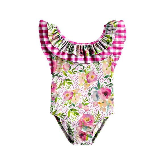 Pink plaid floral one piece girls swimsuit