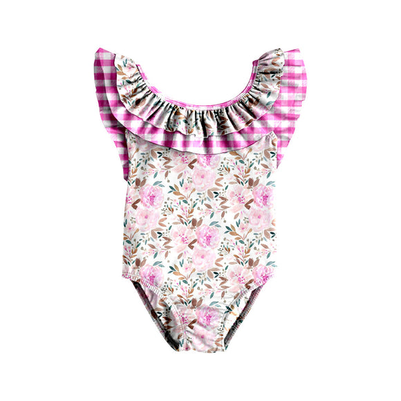 Pink plaid floral one piece kids girls swimsuit