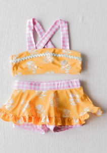 Pink plaid straps yellow floral girls two pieces swimsuit