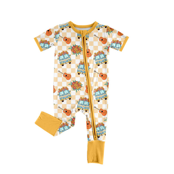 Yellow floral plaid guitar baby girls zipper romper