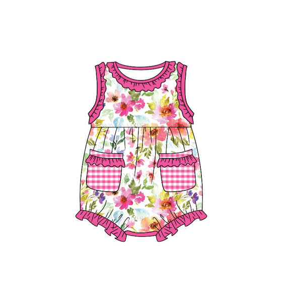 Hot pink sleeveless plaid pockets floral baby romper