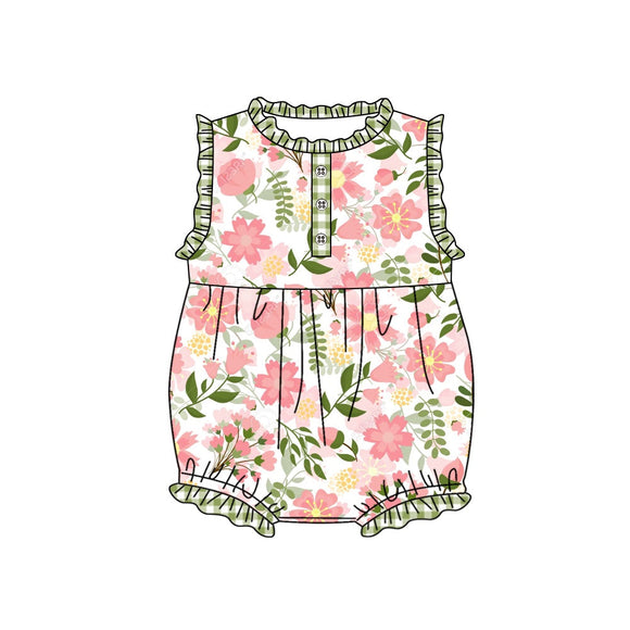 Green plaid floral baby girls summer romper