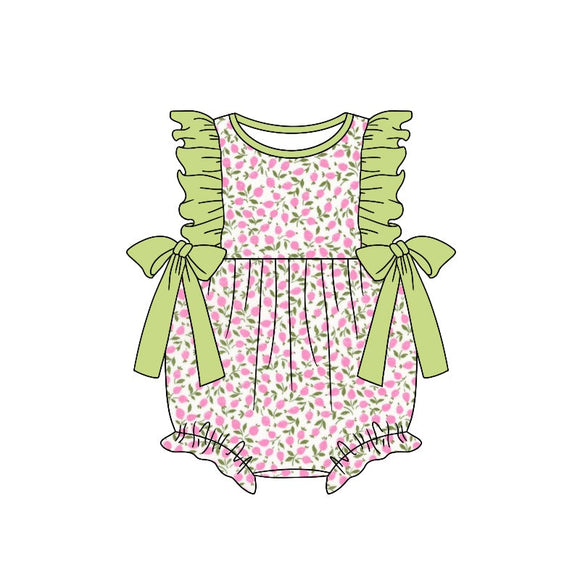 Ruffle pink floral bow baby girls summer romper