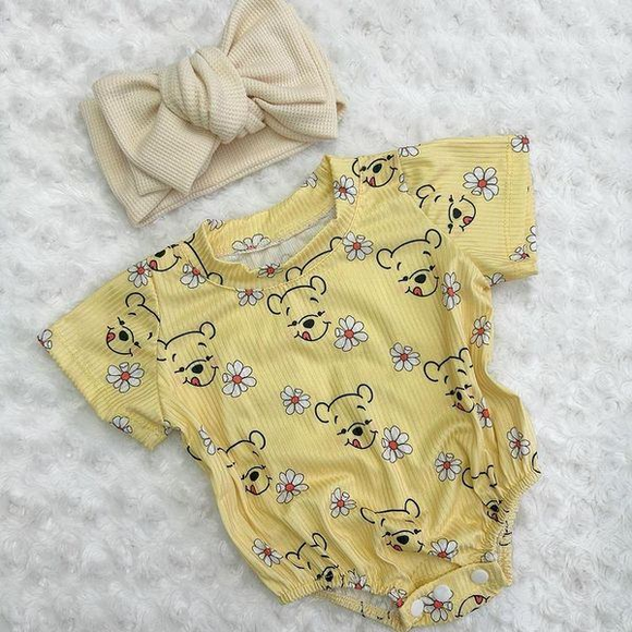 Short sleeves floral bear yellow baby kids bubble
