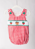 embroidery Red sleeveless plaid strawberry cup cake baby boy romper